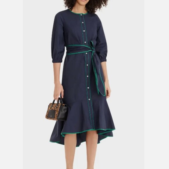 J. Crew Tipped Poplin Cotton High Low Ruffle Dress Small 4 NWT Navy - Picture 1 of 10